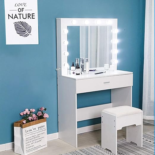 Amazon Com Vanity Set With Lighted Mirror Makeup Dressing Table With 12 Led Dimmable Bulbs Touch Switch 2 Drawers With Divider Modern Bedroom Makeup Table With Cushioned Stool For Women Girls White Kitchen