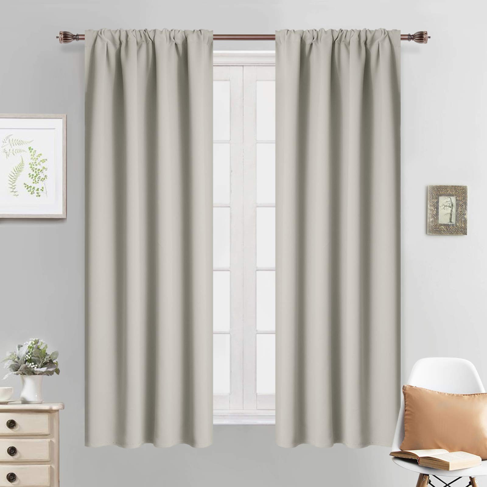 Yakamok Room Darkening Rod Pocket Window Drapes Thermal Insulated Light Blocking Blackout Curtains for Bedroom(38Wx63L,Light Beige,2 Panels)