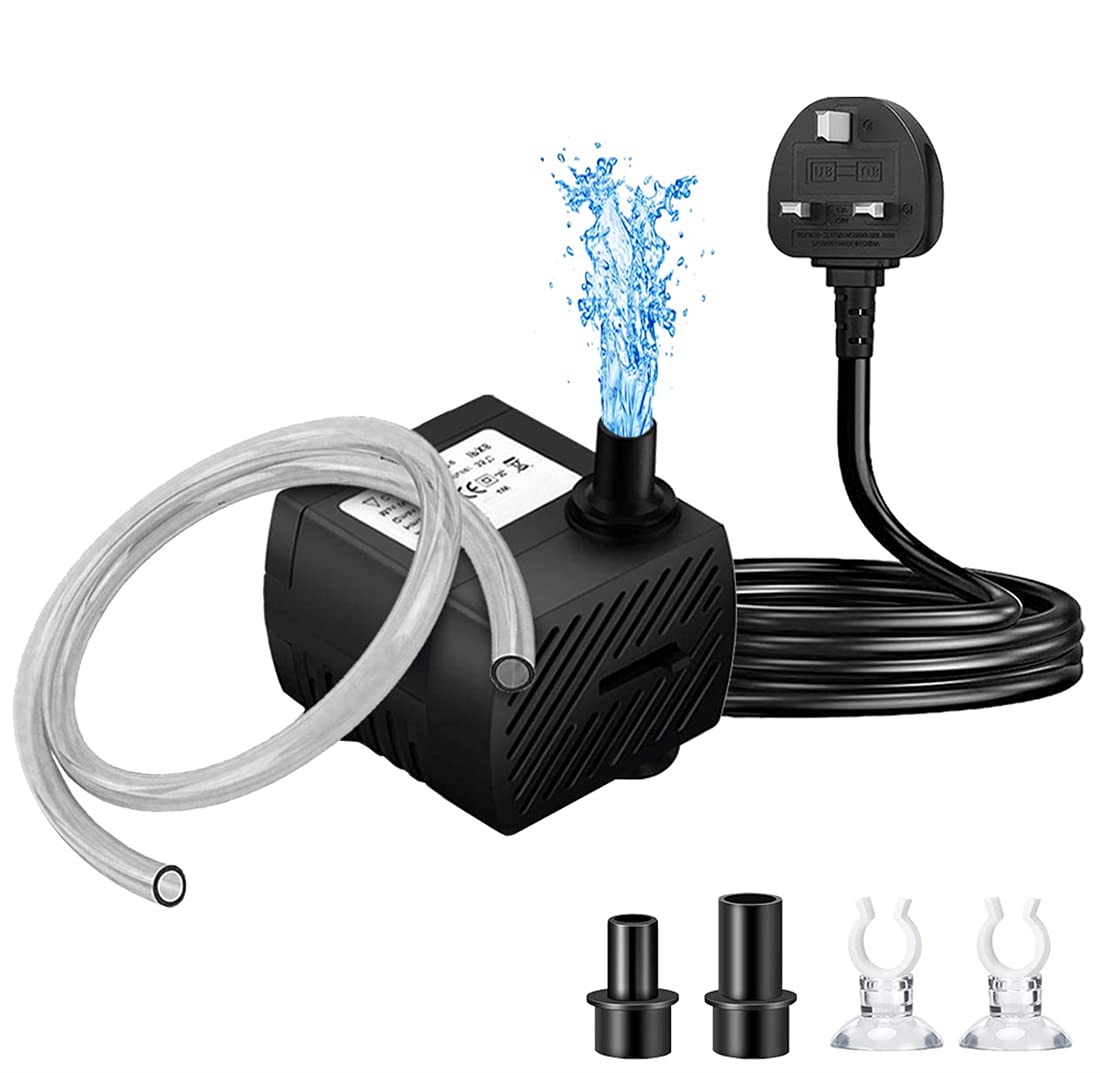 OPDUO 5W Submersible Pump(95 GPH, 350L/H),Ultra Quiet Water Pump Fountain Pump with 6.23ft Power Cord,3.3 Feet Tubing,2 Suction Cup Clips,2 Nozzles for Fish Tank,Pond,Aquarium,Statuary, Hydroponics