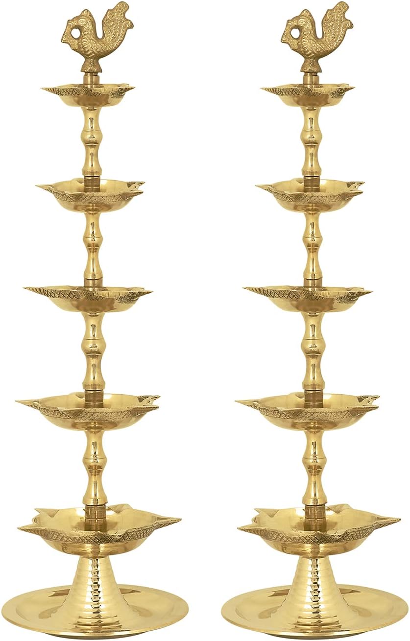 Oil Lamps & Accessories - SATVIK 2 Pc Standing Brass Kerala Samai Diwali Deepak for Puja Traditional Panchmahal Pooja Deepam Diya Oil Lamp Kutthu Vilakku Dia 5 in 1 Step Adjustable 11 inch Deepawali Indian Gift Items