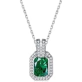 AHTAMOS Emerald Necklaces for Women 18K White Gold Plated Silver Halo Style Green Emerald Pendant Necklaces, May Birthstone 18+2"
