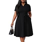 FANDEE Plus Size Dresses, Women Summer Casual V Neck Short Sleeve A-Line Cocktail Shirt Midi Dress with Belt and Pockets