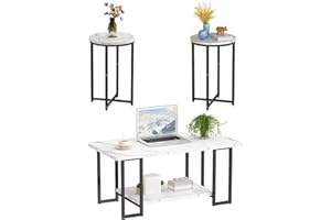AWQM Coffee Table Set of 3, Faux Marble Coffee Table with 2 Round End Side Tables, Modern Living Room Table Set with Metal Frame for Apartment Home Office, White Black