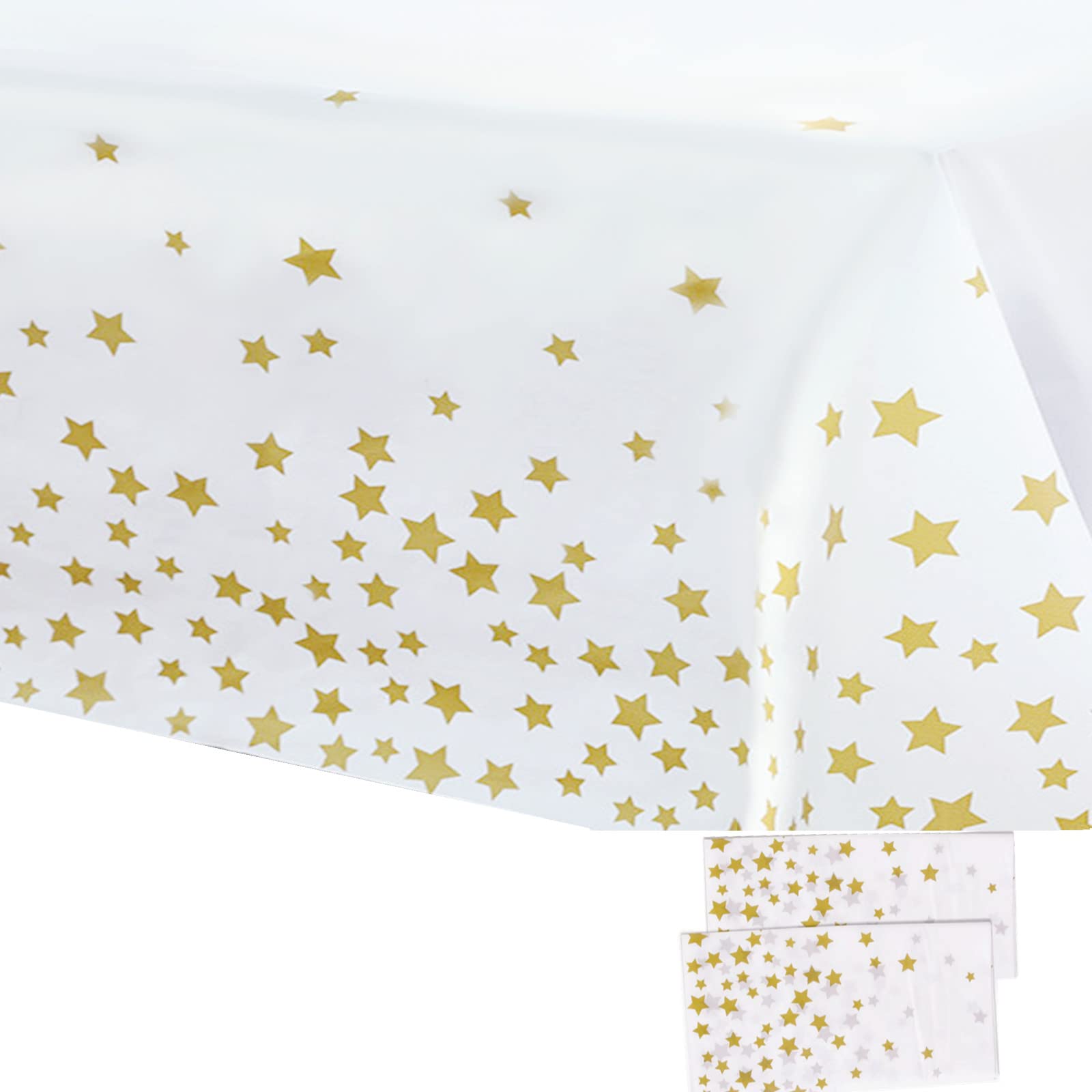 2Pcs 137*274cm White and Gold Disposable TableCloths Party Paper Plastic TableCloth,Gold Star Rectangular Waterproof Table Cover for Picnic,Baby Shower,Wedding,Christmas,Birthday Party Decorations