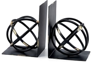 HLQMFHT 5.12" L x 7.09" H Large Modern Bookends,Geometric Sphere Heavy Duty Metal Bookends, Book Supports, Book Holders for Shelves, Desktop, Modern Home Office Decorations (Black)
