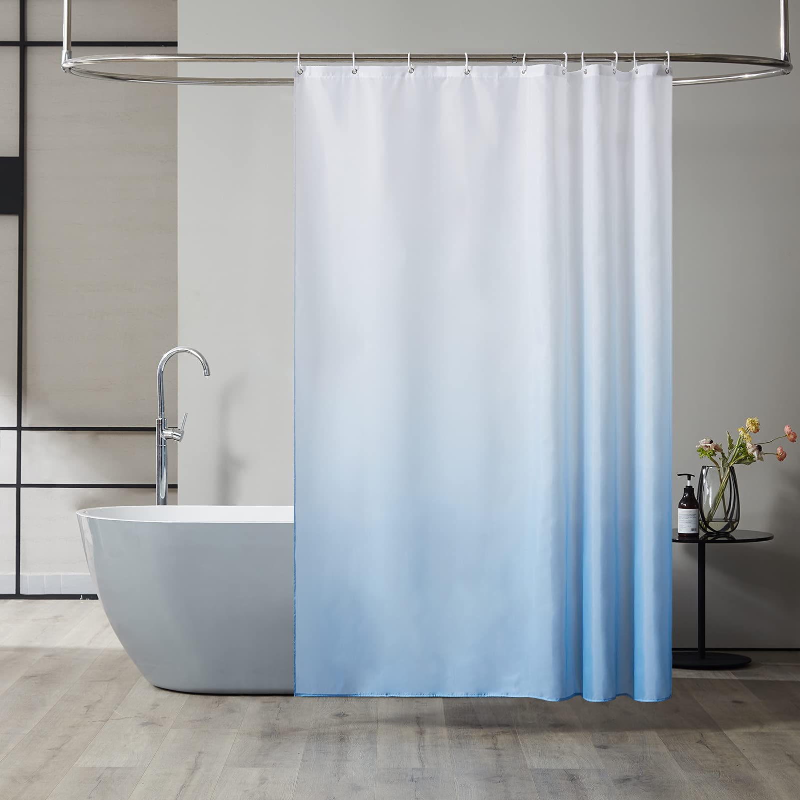 Furlinic Shower Curtain for Bathroom Mould Proof Polyester Fabric Wetroom Bath Curtains Waterproof Washable with 10 Hooks White to Sky Blue 60x72 Inch(150x180cm).