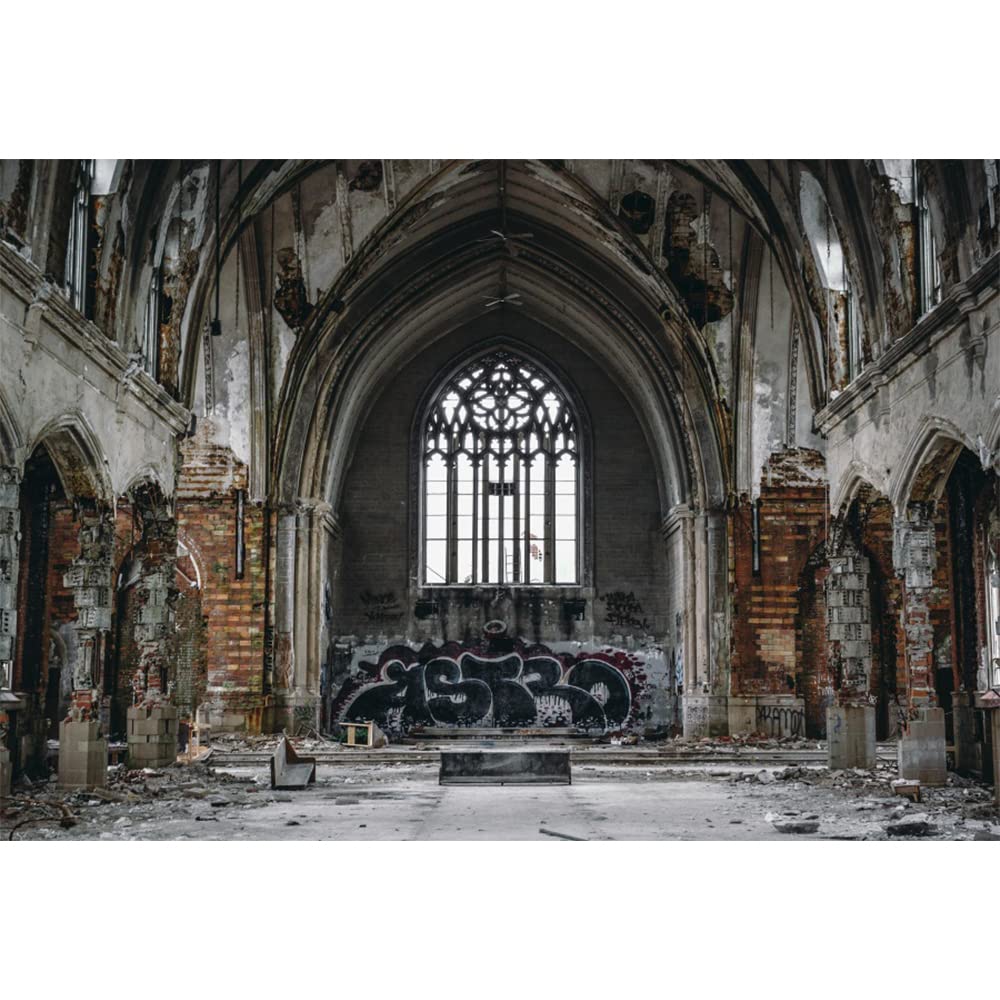 Aoihrraan 12x8ft Cathedral Backdrop Shabby Church Destroyed Ruins Abandoned Interior Decor Halloween Photography Background Religious Events Decoration Bible Story Believer Pray Photo Studio Props
