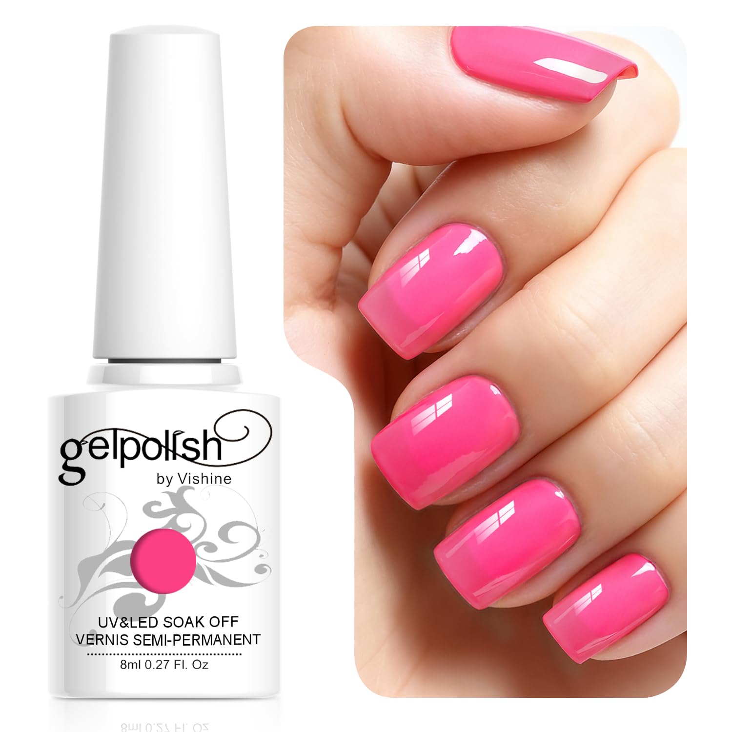 Vishine 8ml Gelpolish Lacquer Shiny Color Soak Off UV LED Gel Nail Polish Manicure Hot Pink #1558