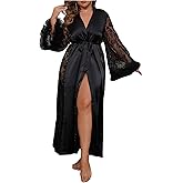 WDIRARA Women's Plus Size Satin Robe Sheer Lace Kimono Fuzzy V Neck Long Sleeve Belted Bathrobe
