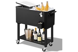 Outvita 80 Quart Rolling Ice Chest, Portable Bar Drink Cooler with Catch Basin, Bottom Storage Tray and Bottle Opener for Patio Party BBQ Beach Activities