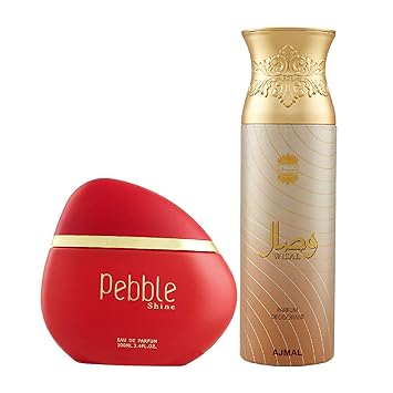 Maryaj Pebble Shine Eau De Parfum Floral Fruity Perfume 100ml for Women and Ajmal Wisal Deodorant Floral Musky Fragrance 200ml for Women + 2 Parfum Testers FREE
