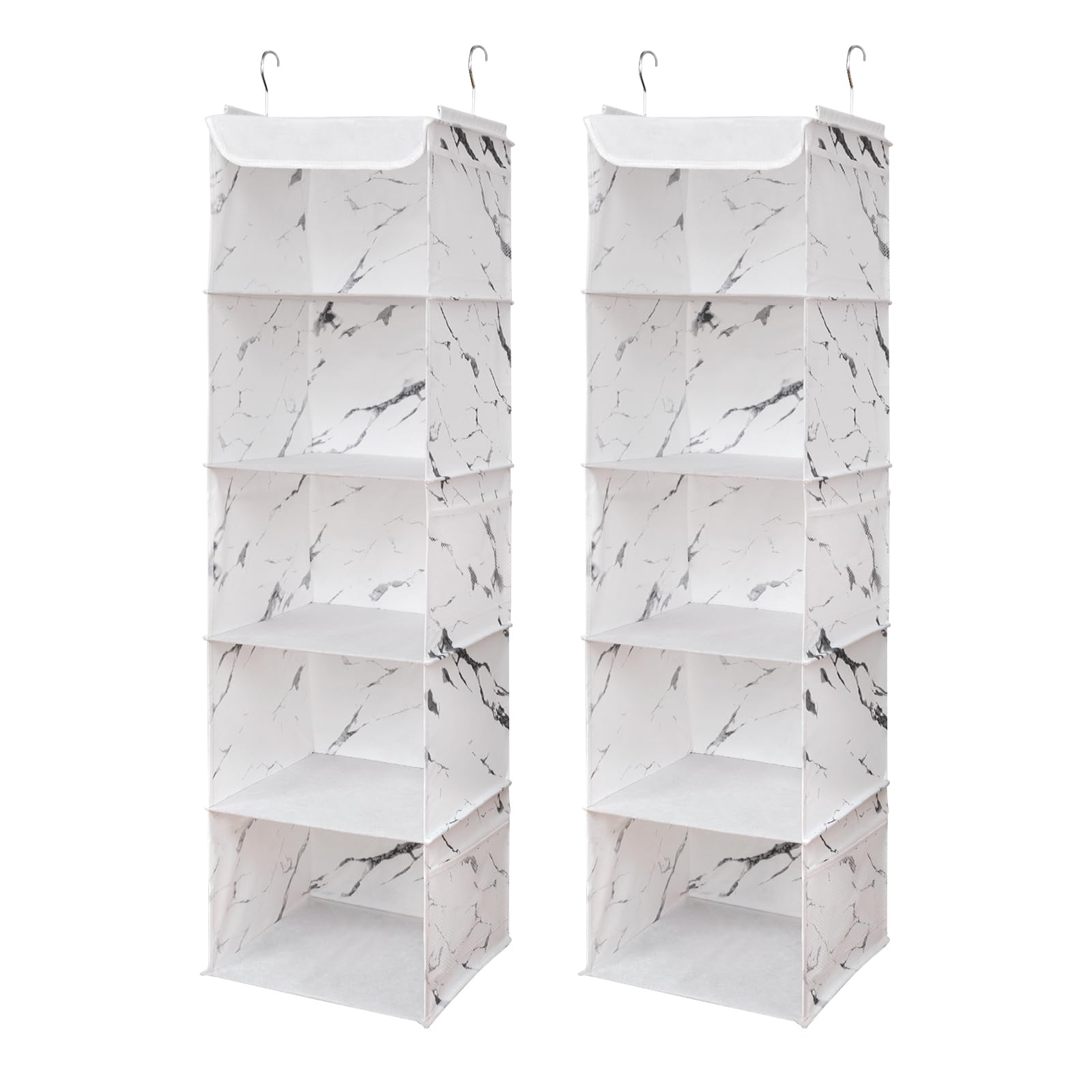 BrilliantJo 2 PCS Hanging Wardrobe Closet Storage with 5 Shelves Organiser, Storage Shelves Unit with 6 Pockets for Clothes Marblizing 108H x 30W x 30L