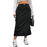 OYOANGLE Women's Plus Size Elastic High Waist Cargo Skirt Casual Solid Midi Skirts