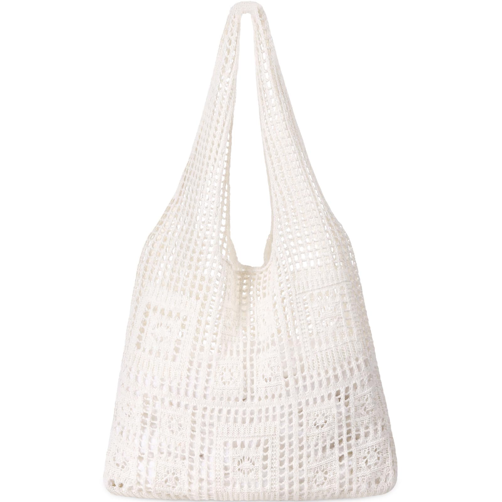 Photo 1 of WantGor Crochet Bags, Beach Mesh Tote Bag Womens Shoulder Shopping Handbag Casual Travel Totes Bag Foldable Hobo Bags (Creamy)