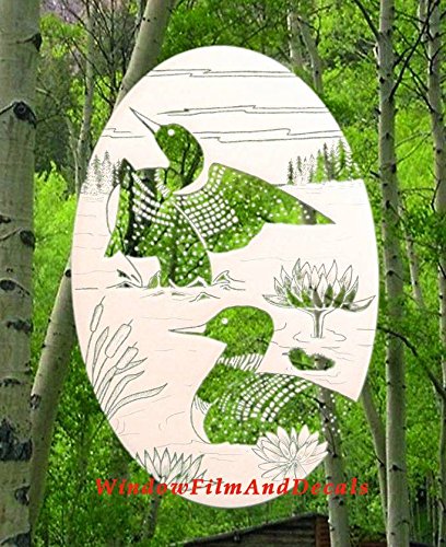 Loon Scene Oval Etched Window Decal Vinyl Glass Cling - 10.5" x 16" - White with Clear Design Elements