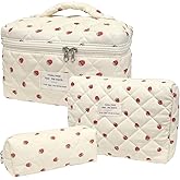 Cozomga Quilted Makeup Bag, Large Capacity Travel Cosmetic Bag for Women and Girls, Aesthetic Storage for Daily and Travel Use