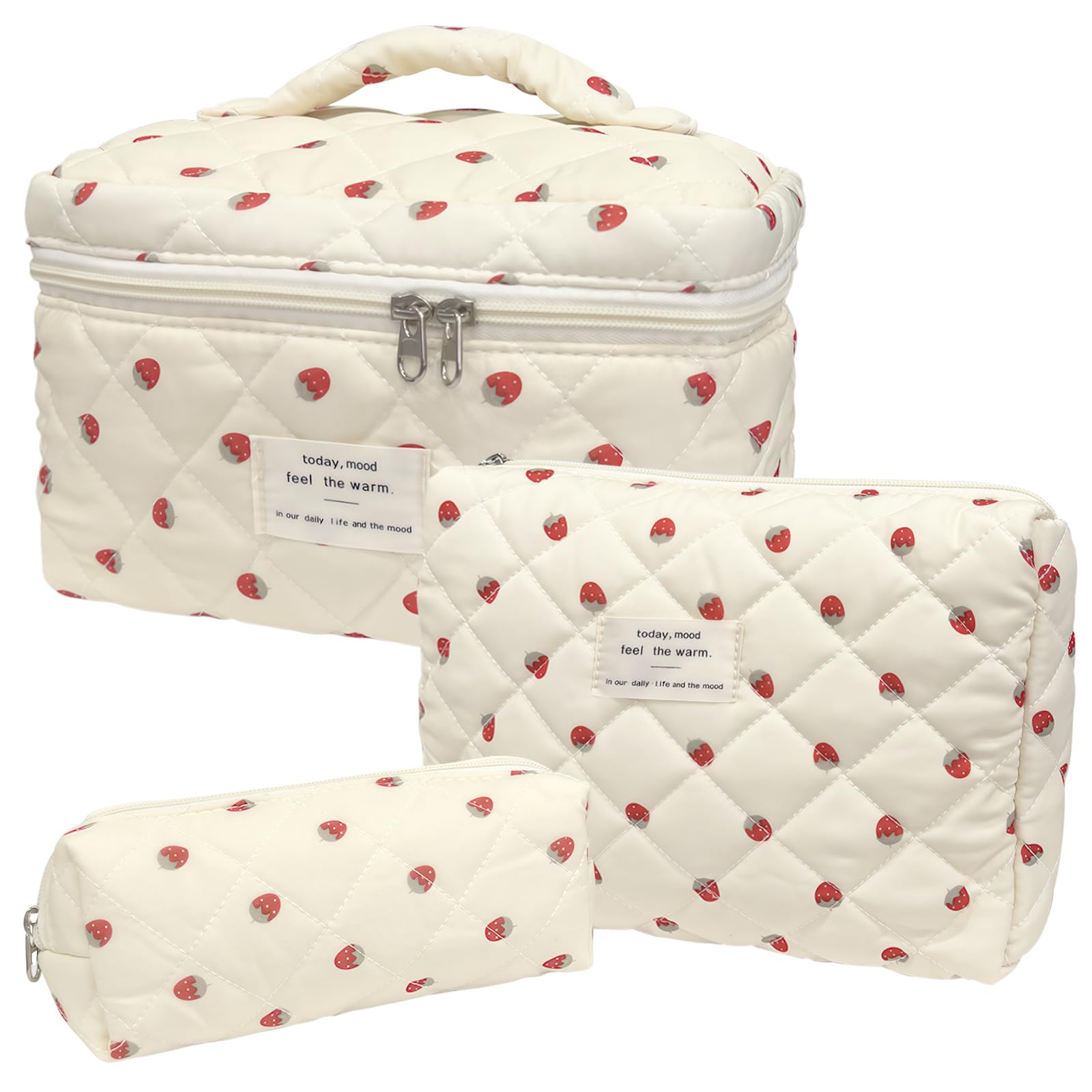 Photo 1 of Quilted Makeup Bag, Large Capacity Travel Cosmetic Bag for Women and Girls, Aesthetic Storage for Daily and Travel Use (3pcs-strawberry, Pink Bow)