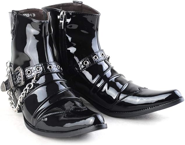 Amazon Chiika エンジニアブーツ メンズ 演出靴 ショートブーツ エナメル パンク V系 兄系 バックル 鎖 ドレープ ロングノーズ ポインテッドトゥ バックル サイドジップ 柔軟 防水 前傾姿勢 オシャレ フォーマル 演出 Chiika ブーツ