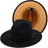 Gossifan Fedora Hats for Women Wide Brim Two Tone Felt Panama Hat with Belt-Buckle
