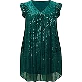 Beautife Women's Sequin Plus Size Mini Dress Ruffle Short Sleeve V Neck Babydoll A Line Glitter Club Party Dresses
