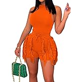 EDITCOZY Women Fringe Shorts 2 Piece Pants Sets Outfits Sexy Tank Crop Tops Tassel Romper Party Club Night