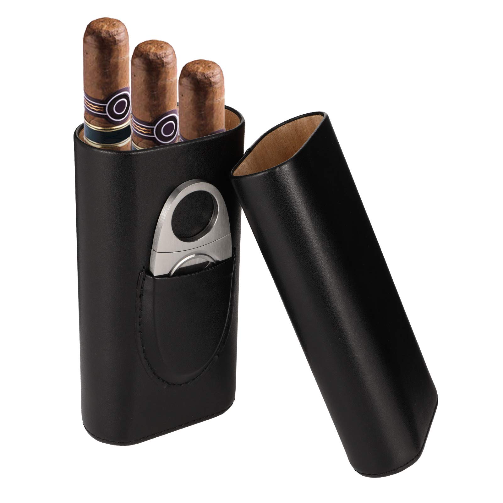 Xinzistar 3 Tubes Cigar Case Humidor Cigar Box with Stainless Steel Cigar Cutter, Leather Humidors with Cedar Wood Lining Cigar Holder Storage Accessories for Travel Outdoor (Black) — image 1