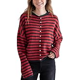 Esmeling Women Button Down Striped Cardigan Crew Neck Long Sleeves Sweater Open Front Knit Outerwear