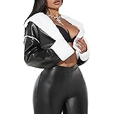 WDIRARA Women's Fuzzy Faux Leather Jacket Open Front Long Sleeve Teddy Cropped Outerwear