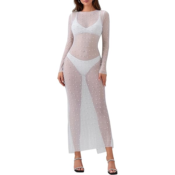 JUMISEE Women's Sexy Sheer Mesh Pearl Rhinestone Cover Up Dress Elegant Side Slit Long Sleeve Maxi Dress Beach Coverups Beige at Amazon Women's Clothing store JUMISEE Women's Sexy Sheer Mesh Pearl Rhinestone Cover Up Dress Elegant Side Slit Long Sleeve Maxi Dress Beach Coverups Beige at Amazon Women's Clothing store