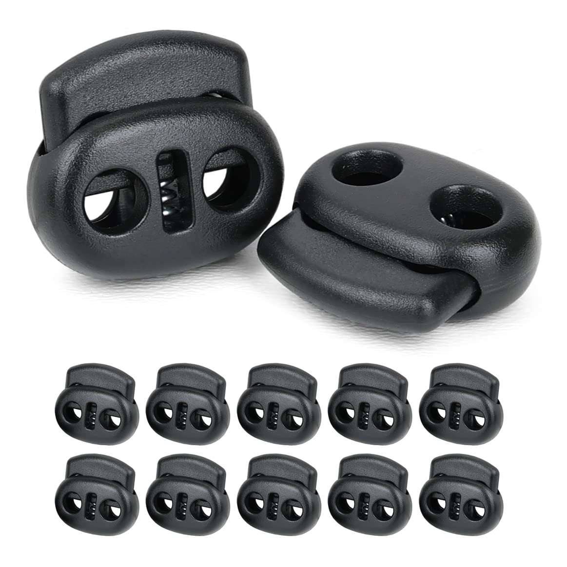 Paracord locks, double braided cord lock set for ropes, jackets and more: set of 10 pieces. Made of plastic. Colour: black. Made by Ganzoo