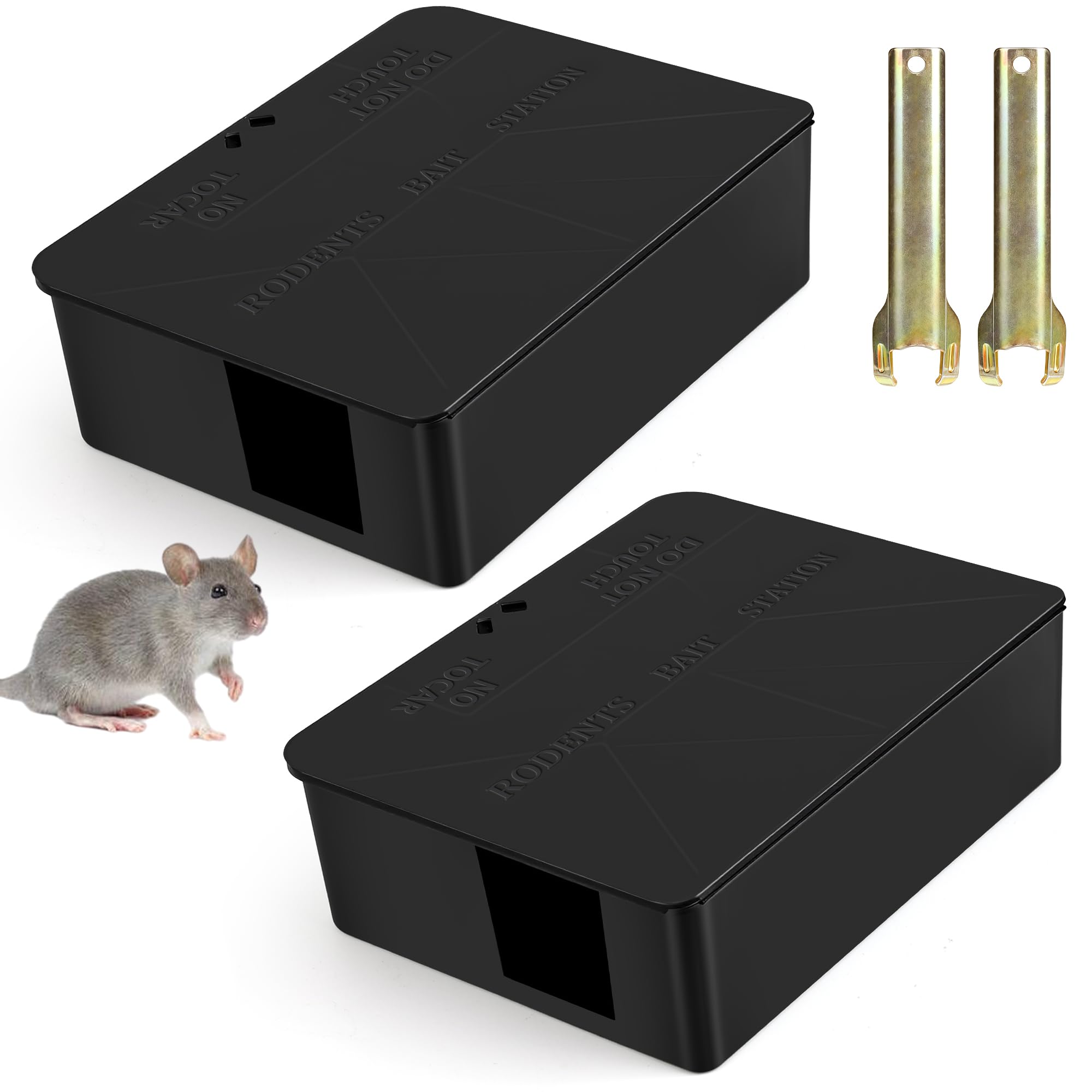Photo 1 of 2 Pack Rat Bait Station Traps - Reusable Rodent Stations for Indoor Outdoor Garden Warehouse Garage, Weather?Resistant Mouse Station Box to Fix Bait Block Keeps Rats Away Pets Safe, Dual-Entry Tunnel
