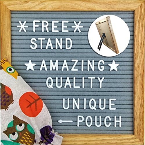 Felt Letter Board 10 X 10 Inches, Gray Felt, Oak Frame 340 Changeable Letters, Numbers & Symbols, Colorful Owl Pouch, Desk Stand for Office Home Decor