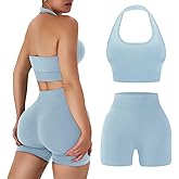 OLCHEE Workout Sets for Women 2 Piece Backless Halter Sports Bra High Waist Booty Shorts Yoga Gym Outfits Lounge Activewear