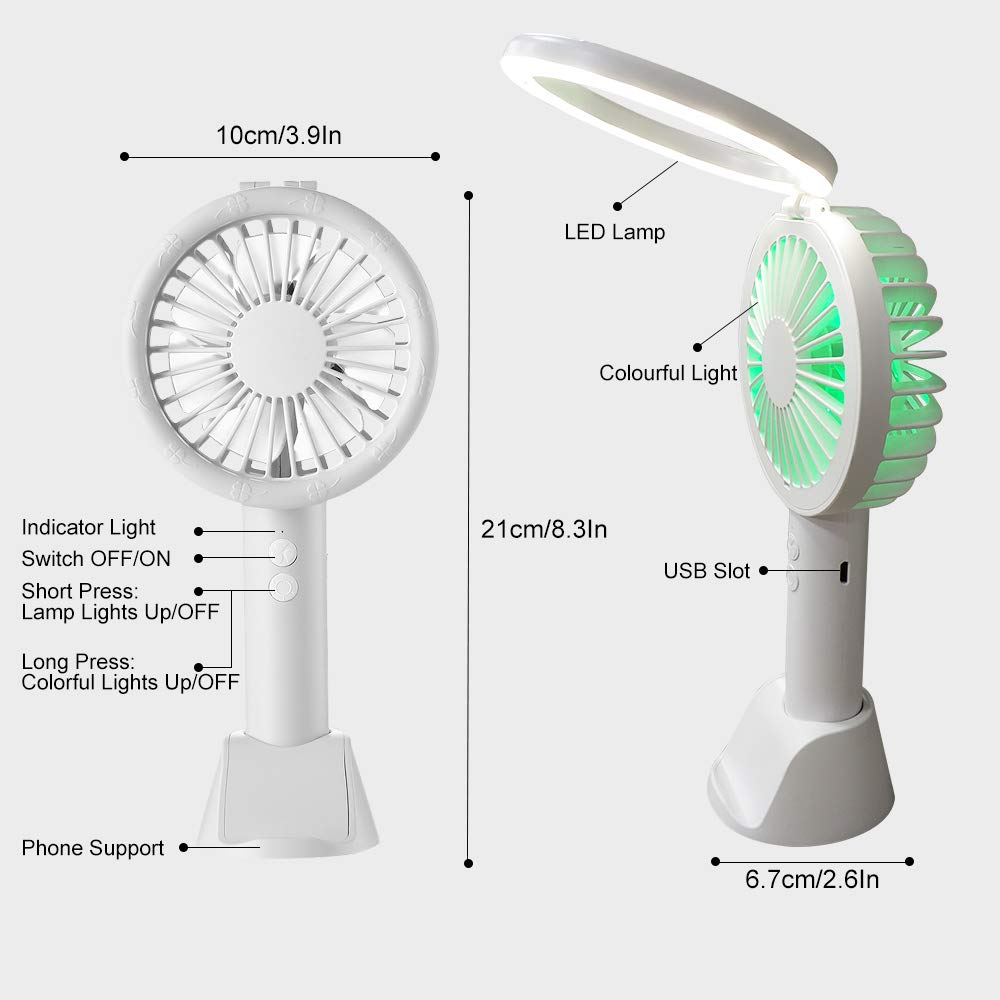 Mini Desk Fan Handheld Fan, Whisper Quiet Portable Personal USB Little Fan with Phone Holder, 7 Colourful LED Night Lights and Lamp, 1500mA Rechargeable Operated Battery, 3 Speeds Small Fan(White 08)