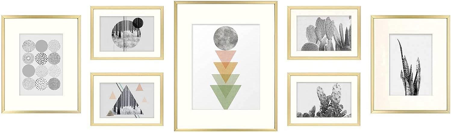 Photo Albums, Frames & Accessories - Golden State Art, 7 Pack, One 11x14, Two 8x10, and Four 5x7 Pictures. Aluminum Photos Frame for Wall or Tabletop Display (Gold)