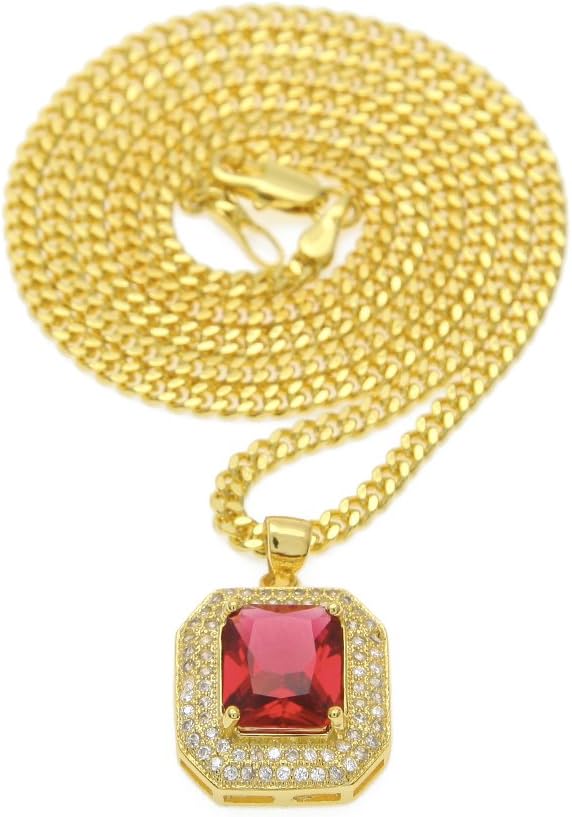 HongBoom Hip Hop Cuban Link Chain 14K Gold Plated CZ Fully Iced-Out Square Ruby Necklace