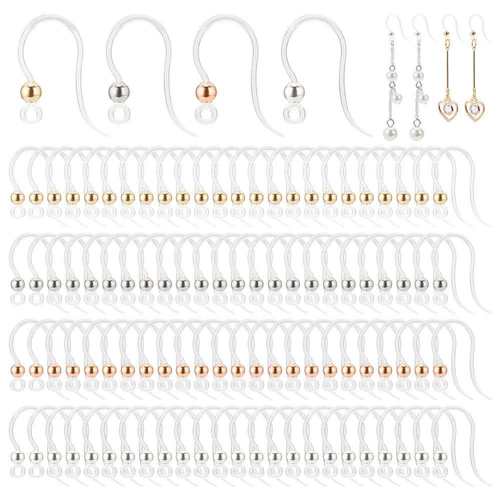 PH PandaHall 100Pcs Plastic Clear Earring Hooks Non-Allergenic Ear Wire, 4 Colors 304 Stainless Steel Ball Beads Earring Findings Hooks for DIY Jewellery Making Dangle Earring Sensitive Ears