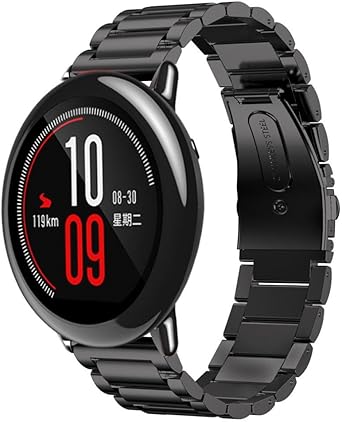 Fossrn 22MM Pulsera de acero inoxidable Banda de Metal Correa para Xiaomi Huami Amazfit A1602 (Negro)