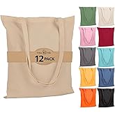 Urban Villa 12 Pack Reusable Grocery Bags 15’’x16’’ with 27’’ long Handle Beige Color 100% Cotton Tote Bags Medium Weight Grocery Shopping Cloth Bags Great Choice for Promotion Gift DIY Advertising