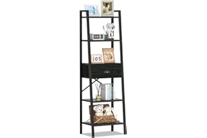 Furologee 5 Tier Bookshelf, Ladder Shelf with Drawer, Tall and Narrow Bookcase, Storage Shelves Organizer,Industrial Display Standing Units for Bathroom,Kitchen,Bedroom,Living Room,Black Oak