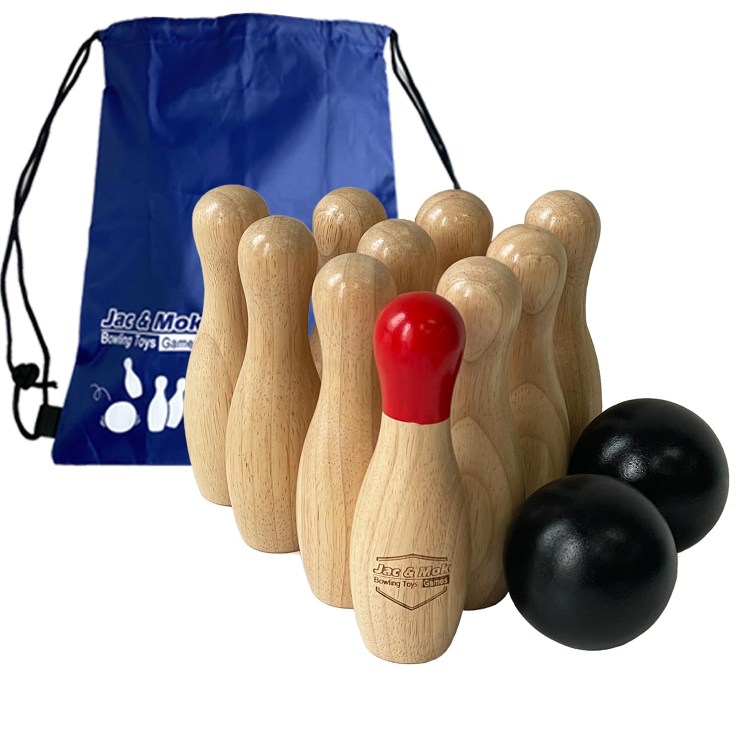 Jac & Mok Wooden Bowling Toss Game Set Hardwood10 Pins & 2 Balls(natural, 15cm-High) — image 1