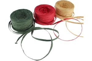 CREATRILL 3 Rolls Red Green Kraft 1/4" by 492 Feet Raffia Ribbon/String, 164 Feet Each Roll, Packing Paper Twine for Christmas