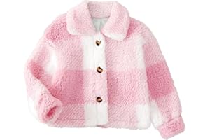 BOMDEALS Toddler girls Pink Buffalo Plaid jacket - Cute Sherpa Fleece Teddy Coat Lapel Button Up Kids Fall Winter Warm Top