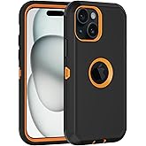 for iPhone 15 Case, with Built in Screen Protector Heavy Duty Drop Protection,Full Body 3 Layer Rugged Shockproof Dust Proof Tough Protective Phone Cover for Apple iPhone 15 Black/Orange