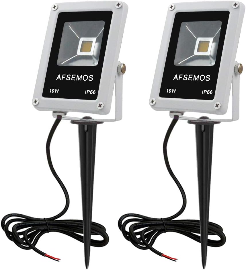 AFSEMOS LED 10W Low Voltage Landscape Light, 12V IP66 Outdoor Landscape Floodlight with Spike Stand, 3000K, Warm White, for Courtyard, Wall and Flag Landscape Super Bright Lighting (2 Pack)