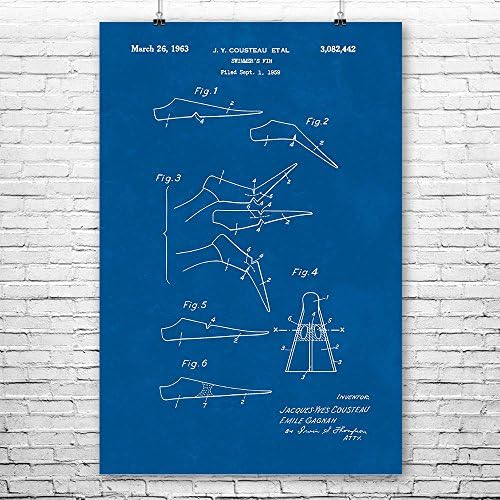 Cousteau Swimmers Fin Poster Art Print, Swimming Gift, Dive Instructor, Snorkeling, Swim Coach, Jacques Cousteau Blueprint (18" x 24")
