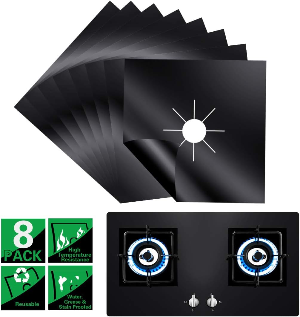 Stove Burner Covers Reusable Food Grade Durable Gas Stove Burner Liners Non-Stick Dishwasher Safe Hassle Free 500 ℉ Heat Resistance FDA Approved 10.6" x 10.6" 8-Pack (Black)