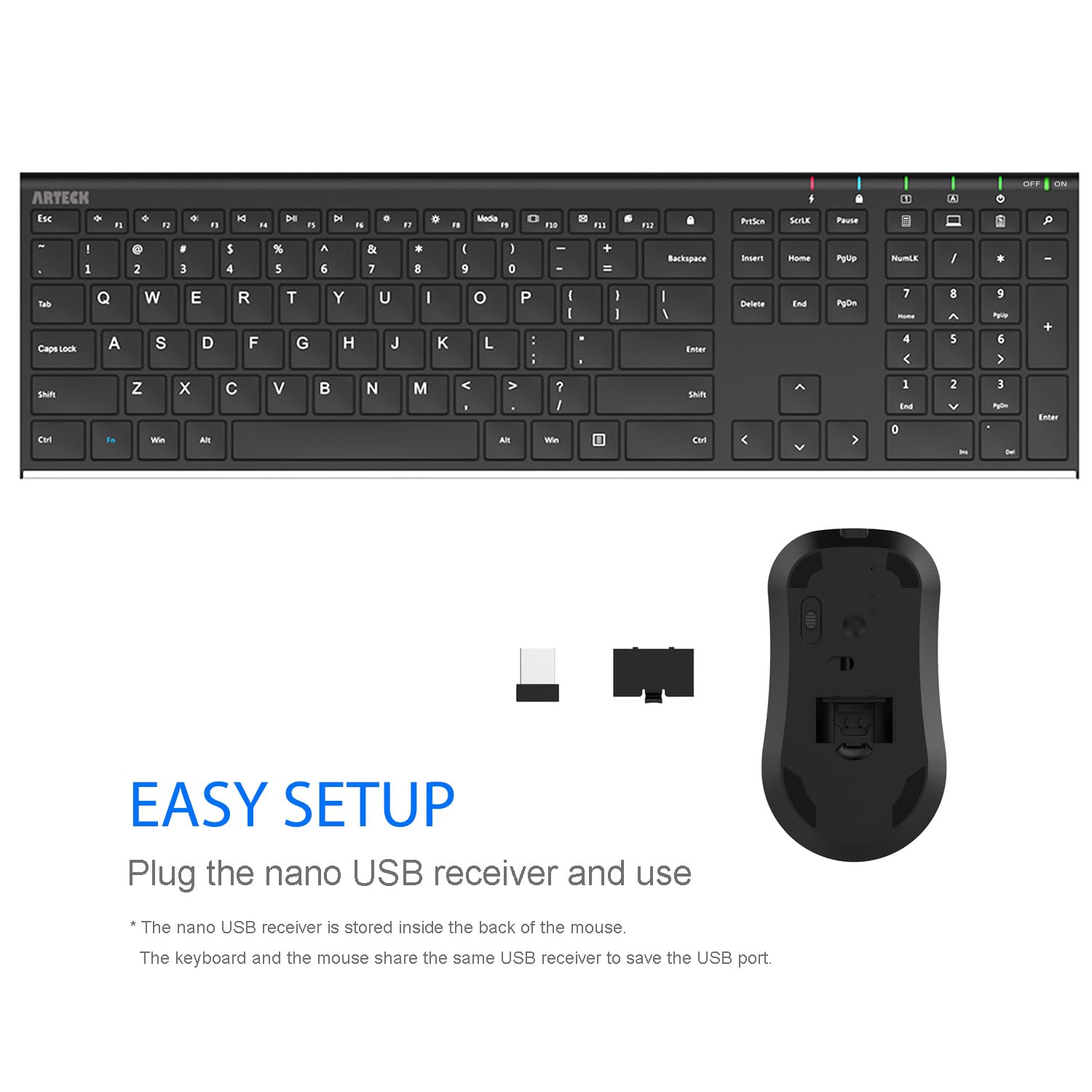 Arteck 2.4G Wireless Keyboard and Mouse Combo Stainless Steel Ultra Slim Full Size Keyboard and Ergonomic Mice for Computer Desktop PC Laptop and Windows 11/10/8 Build in Rechargeable Battery