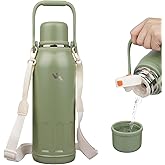 Insulated Water Bottle with Handle and Strap,Vacuum Travel Tumbler with Cup Lid,Thermo Coffee Cup for Hot Cold Drinks 50 OZ,Army Green