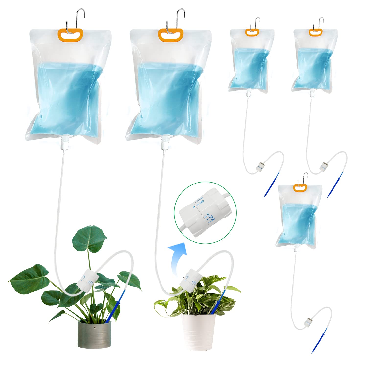 5Pcs Plant DripBag, Automatic Watering System for House Plants Drip Irrigation Device,0.92gal (3.5L)with Adjustable Control Valve Switch and S Shape Hook,for Indoor Outdoor